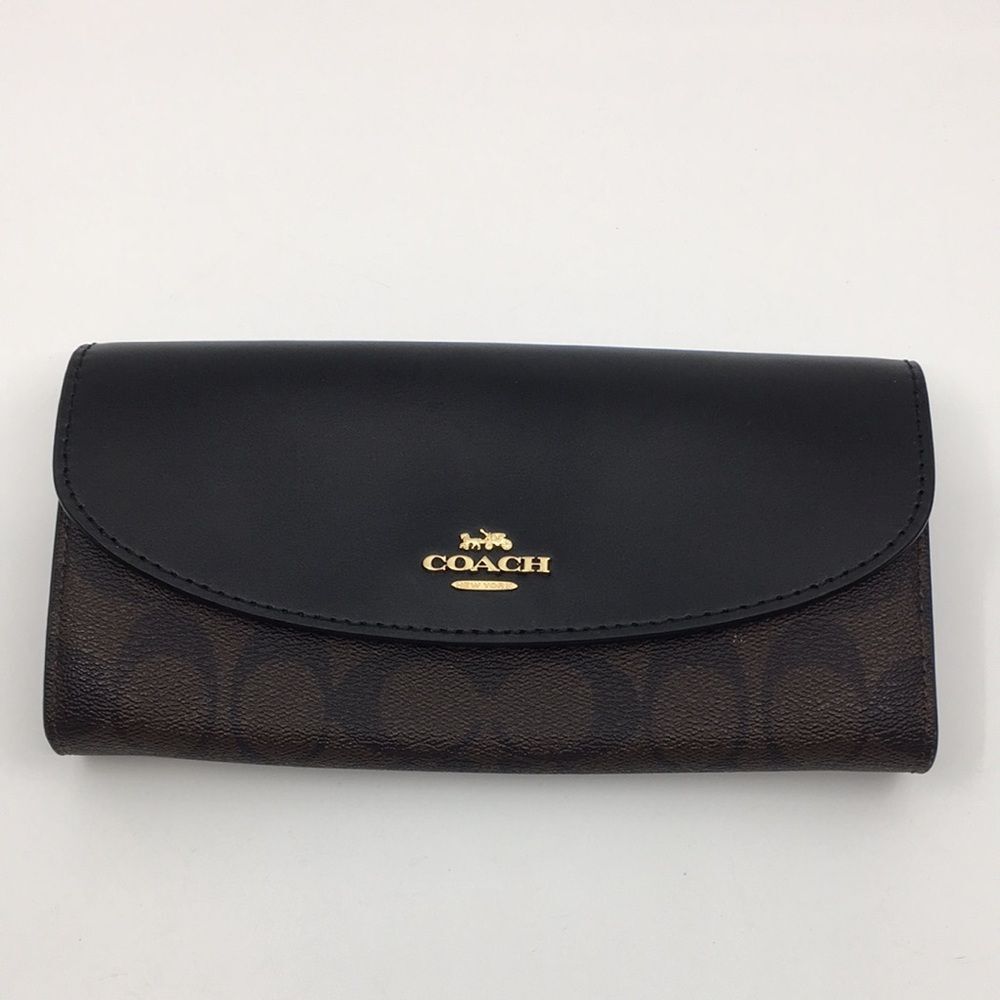 Coach Black Leather and Brown Signature Continental Wallet